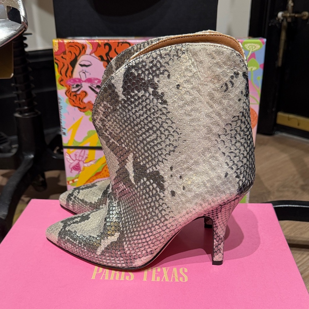 Paris Texas Black and White Snake-Print Pointed Heeled Ankle Boots